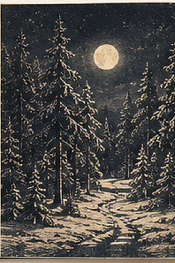 A page from the booklet: an engraved moonlit forest path between snow-covered pines.
