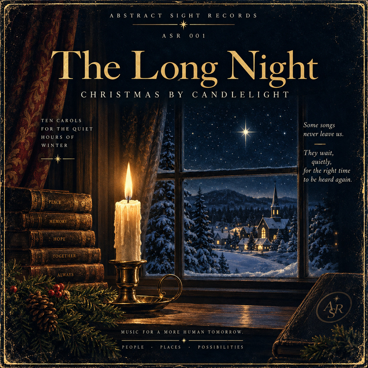 A lit candle in a brass holder on a wooden sill, beside a stack of old books, looking out through an old window onto a snowy village and church beneath one bright star.
